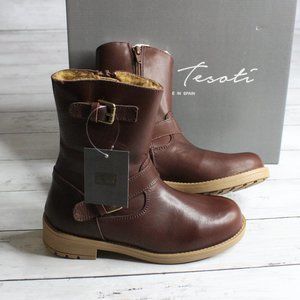 Enzo Tesoti Spain Girl's Brown Leather Buckle Dress Boots Faux Fur